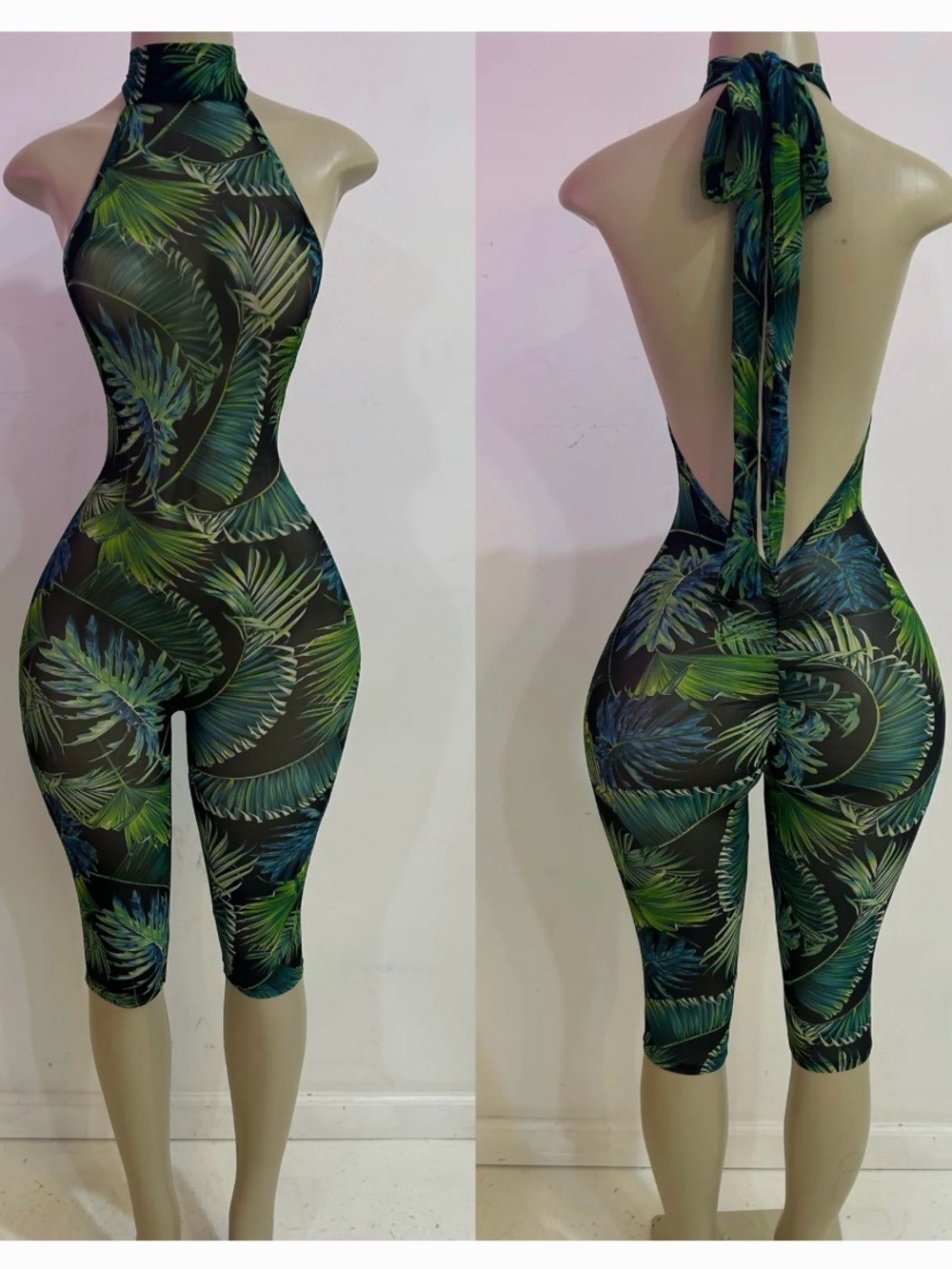 Tropical Leaf Halter-Back Jumpsuit - Green